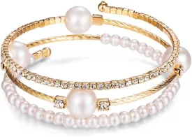 Open Layered Simulated Pearl Wide Crystal Bracelet Multilayer Glaring Rhinestone Cuff Bangles Jewelry for Women Girls