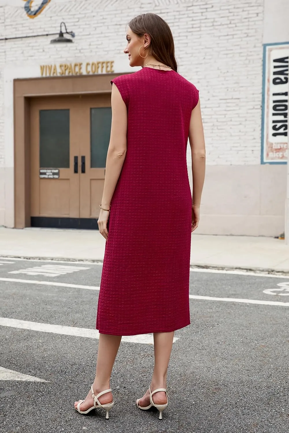 OUGES Womens 2025 Spring Cap Sleeve Maternity Dress Textured Midi Summer Pregnancy Business Casual Work Column Dress