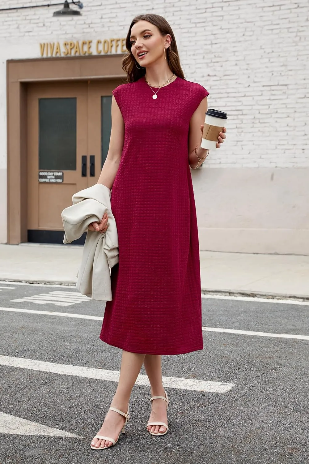 OUGES Womens 2025 Spring Cap Sleeve Maternity Dress Textured Midi Summer Pregnancy Business Casual Work Column Dress