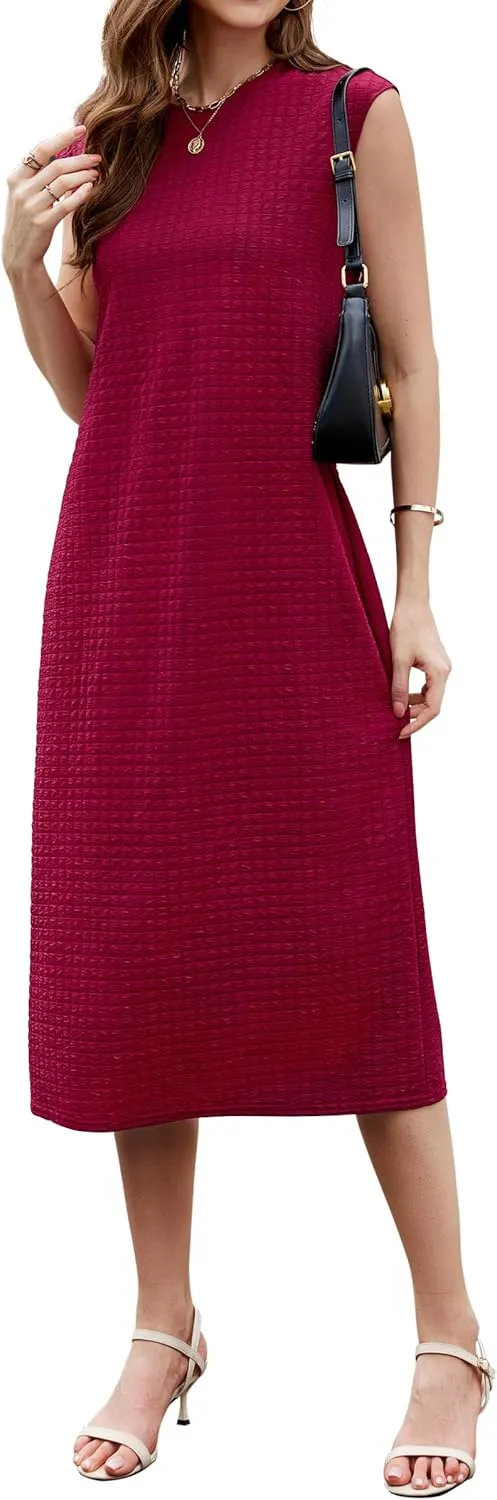 OUGES Womens 2025 Spring Cap Sleeve Maternity Dress Textured Midi Summer Pregnancy Business Casual Work Column Dress