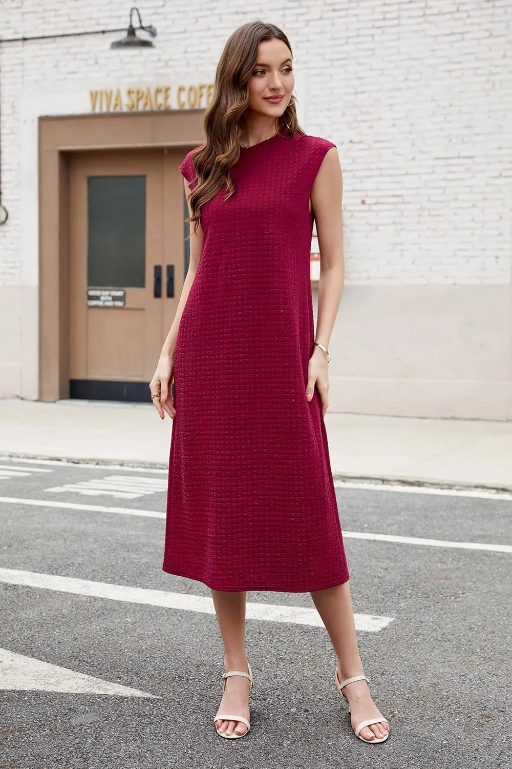 OUGES Womens 2025 Spring Cap Sleeve Maternity Dress Textured Midi Summer Pregnancy Business Casual Work Column Dress