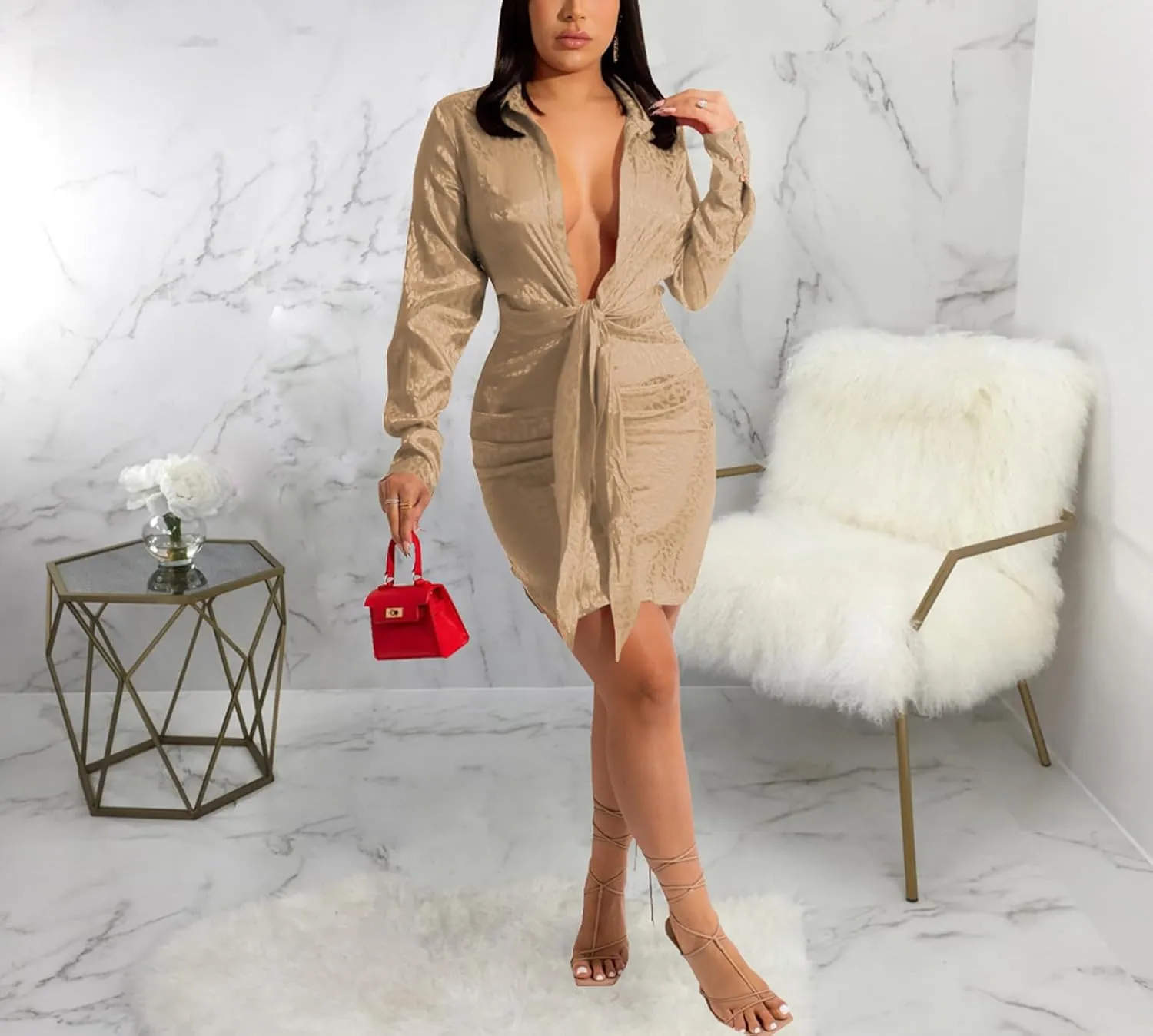 PaladMom Women's Casual Ruched Shirt Dress Sexy Deep V Neck Long Sleeve Button Down T-Shirts Blouse Wrap Dress