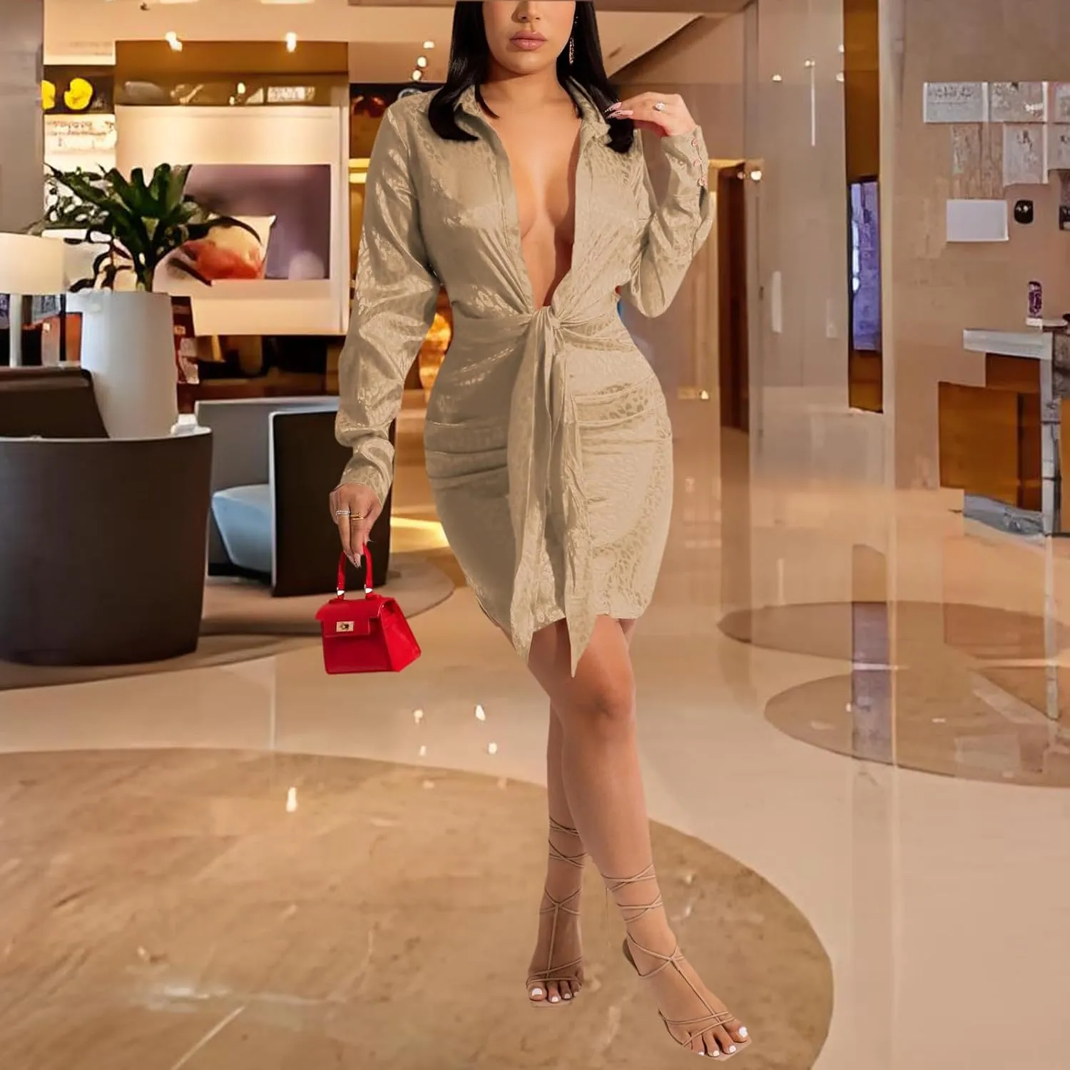 PaladMom Women's Casual Ruched Shirt Dress Sexy Deep V Neck Long Sleeve Button Down T-Shirts Blouse Wrap Dress