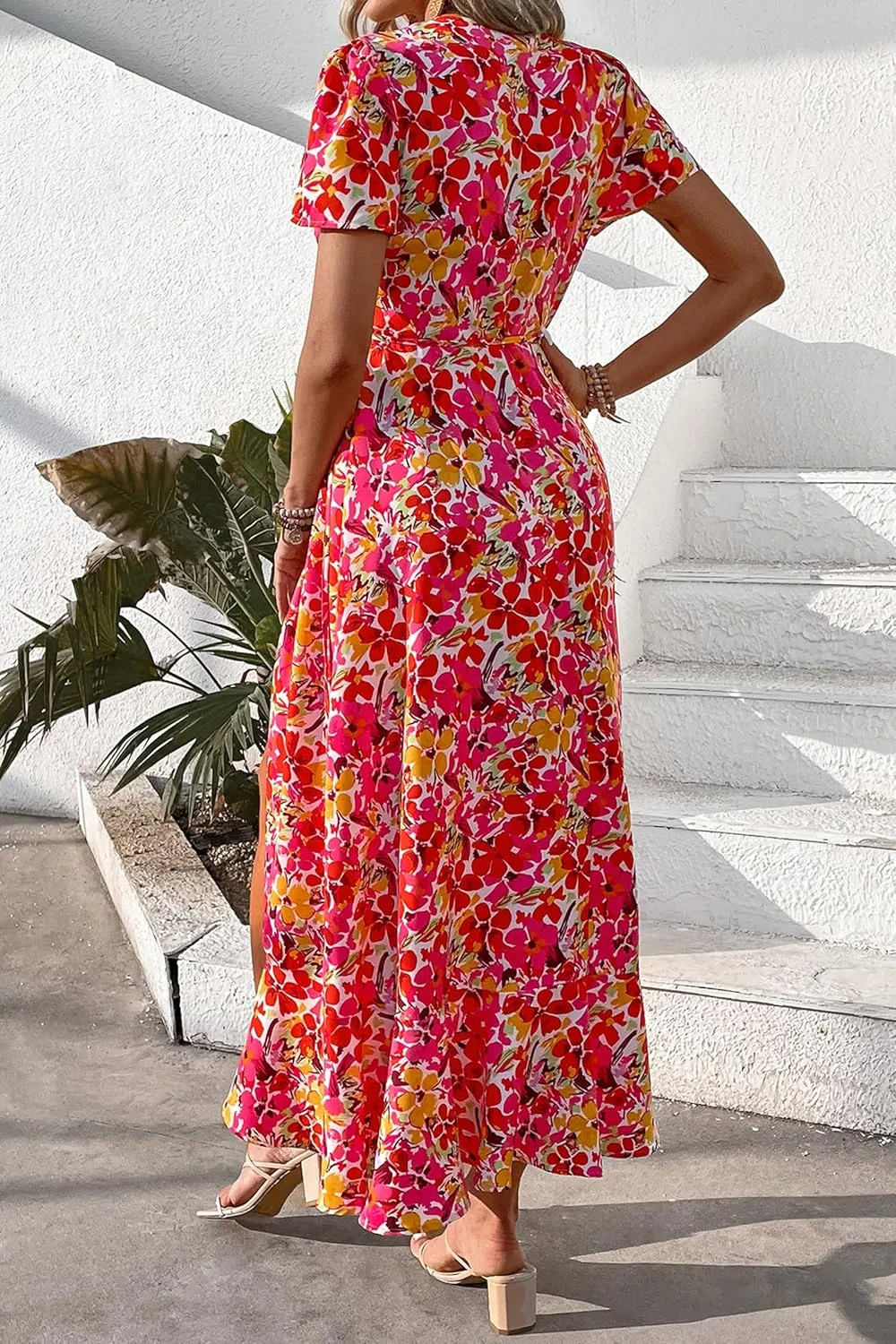 PRETTYGARDEN Women's Summer Maxi Dress Casual Wrap Floral Boho Short Sleeve V Neck Split Ruffle Beach Long Dresses