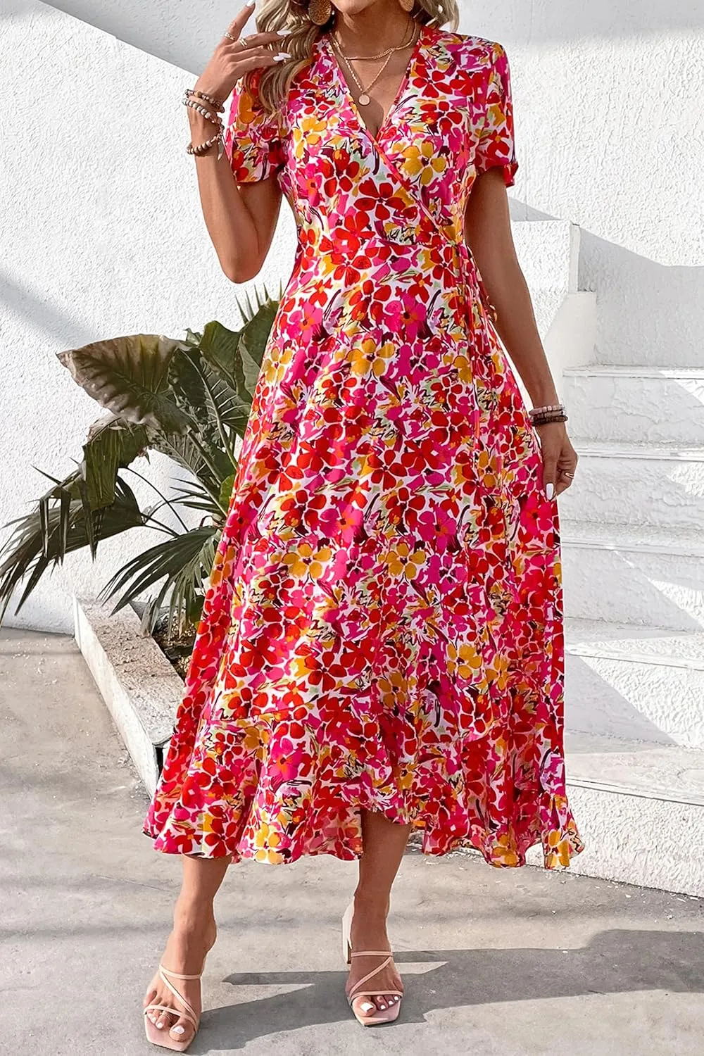 PRETTYGARDEN Women's Summer Maxi Dress Casual Wrap Floral Boho Short Sleeve V Neck Split Ruffle Beach Long Dresses