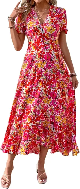 PRETTYGARDEN Women's Summer Maxi Dress Casual Wrap Floral Boho Short Sleeve V Neck Split Ruffle Beach Long Dresses