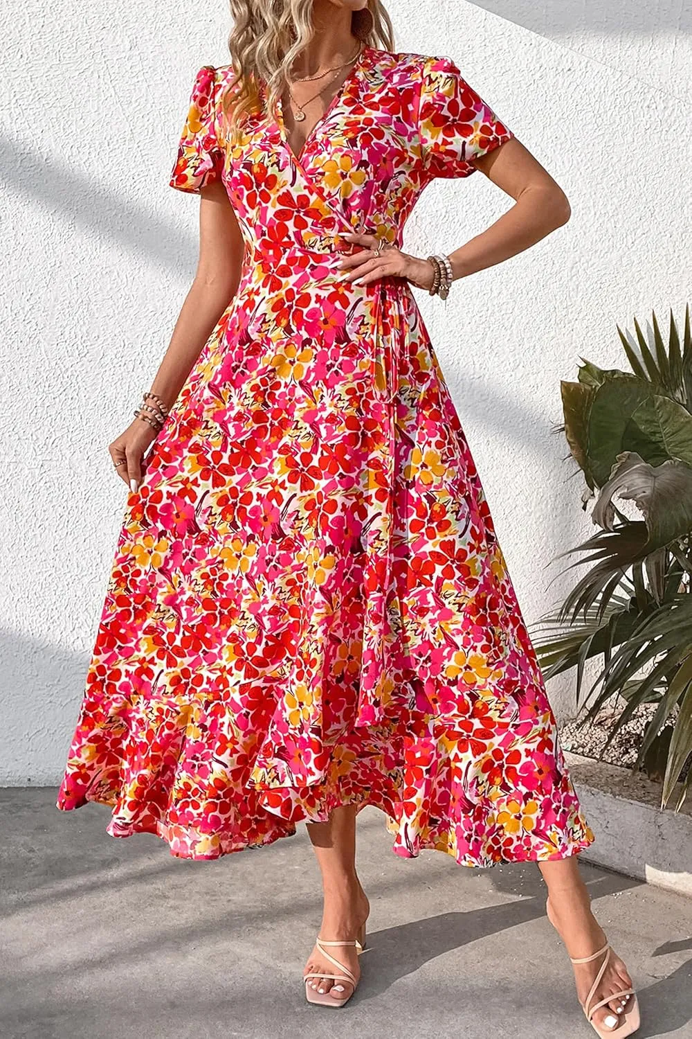 PRETTYGARDEN Women's Summer Maxi Dress Casual Wrap Floral Boho Short Sleeve V Neck Split Ruffle Beach Long Dresses