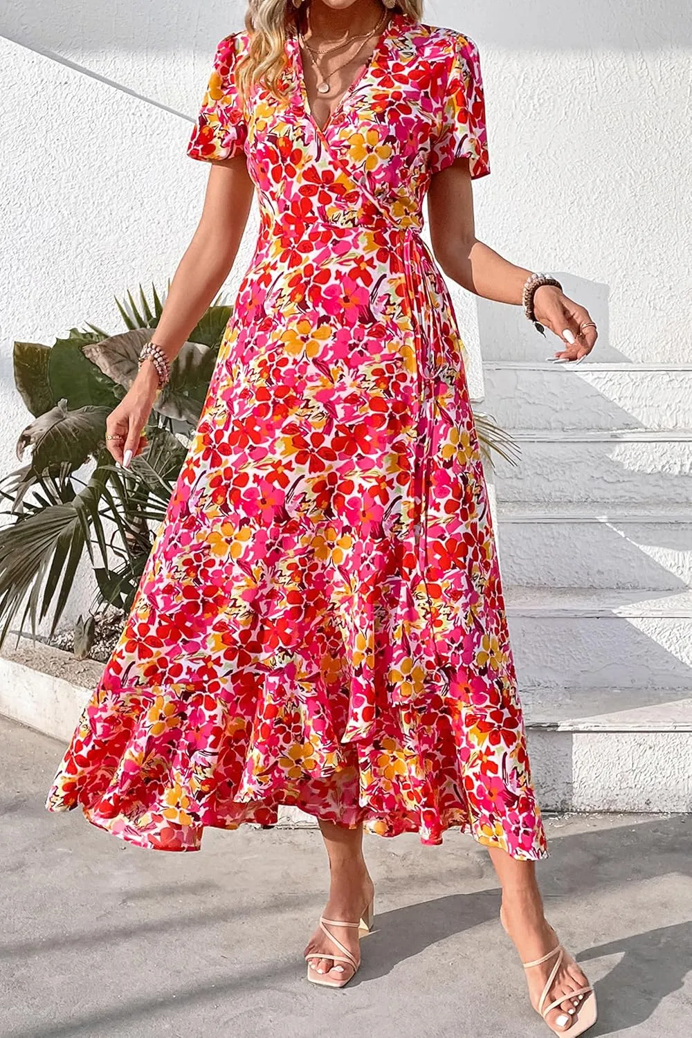 PRETTYGARDEN Women's Summer Maxi Dress Casual Wrap Floral Boho Short Sleeve V Neck Split Ruffle Beach Long Dresses