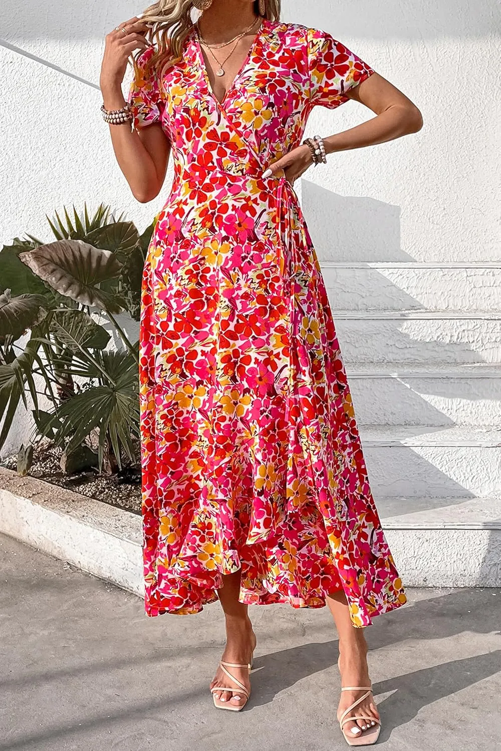 PRETTYGARDEN Women's Summer Maxi Dress Casual Wrap Floral Boho Short Sleeve V Neck Split Ruffle Beach Long Dresses