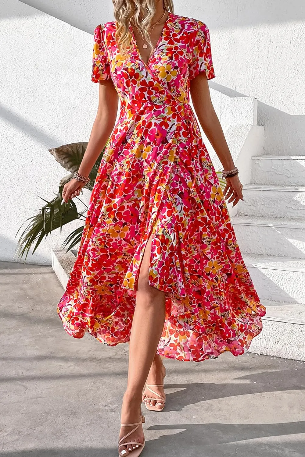 PRETTYGARDEN Women's Summer Maxi Dress Casual Wrap Floral Boho Short Sleeve V Neck Split Ruffle Beach Long Dresses