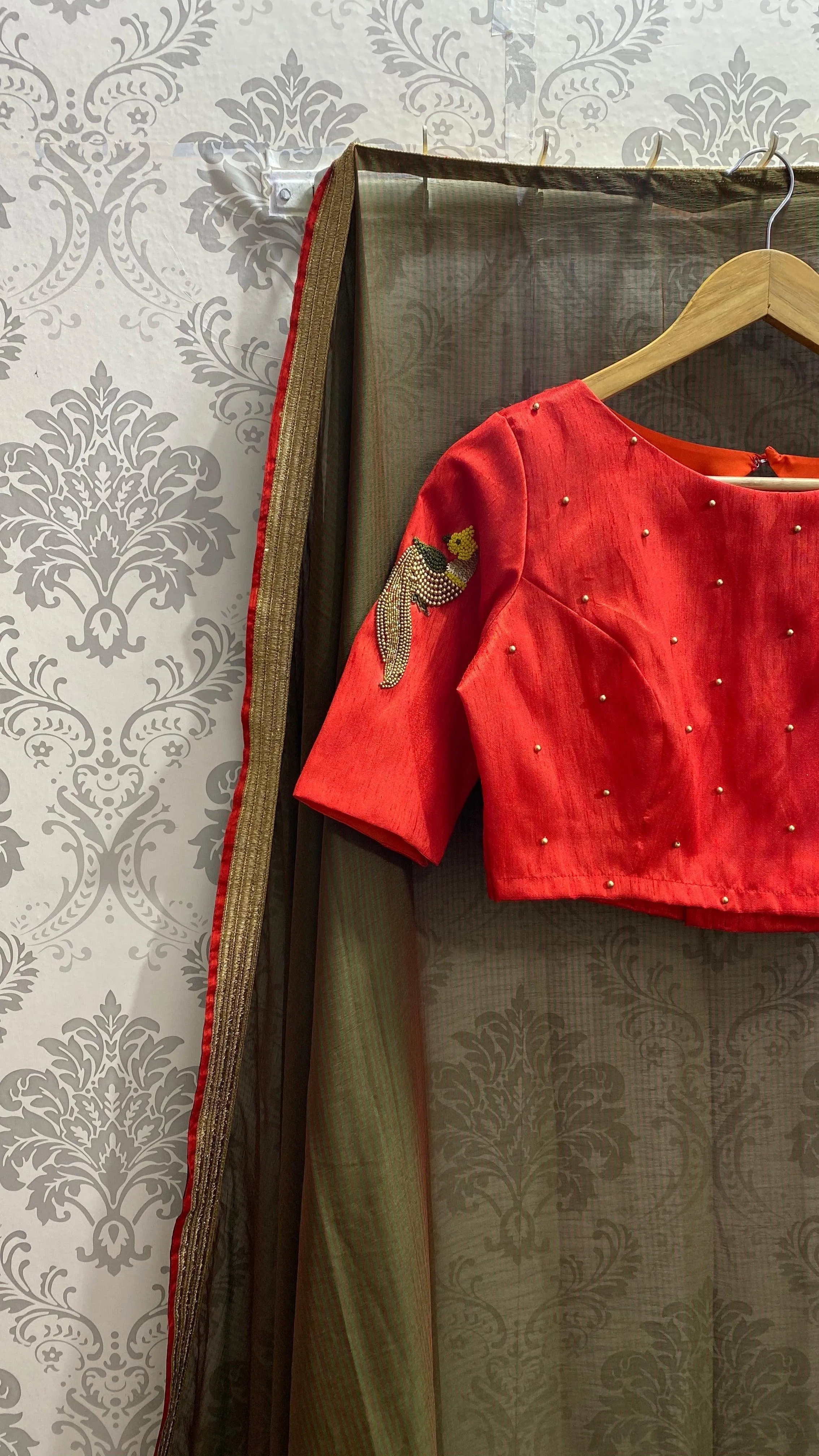 Red silk hand worked ready made blouse