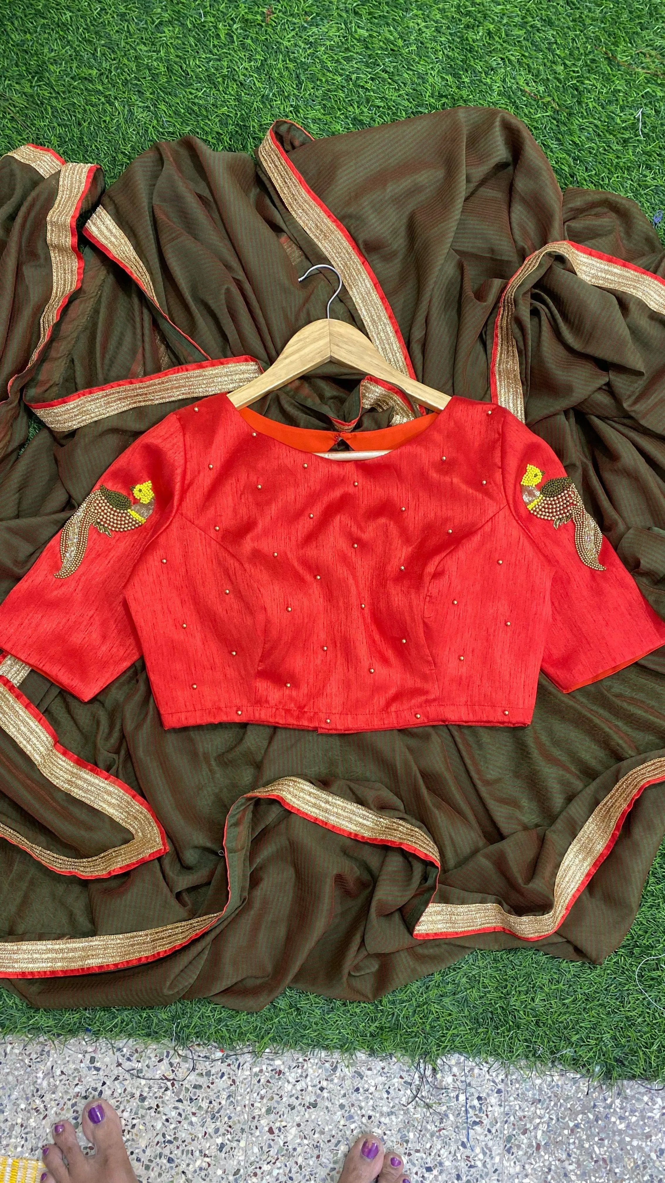 Red silk hand worked ready made blouse