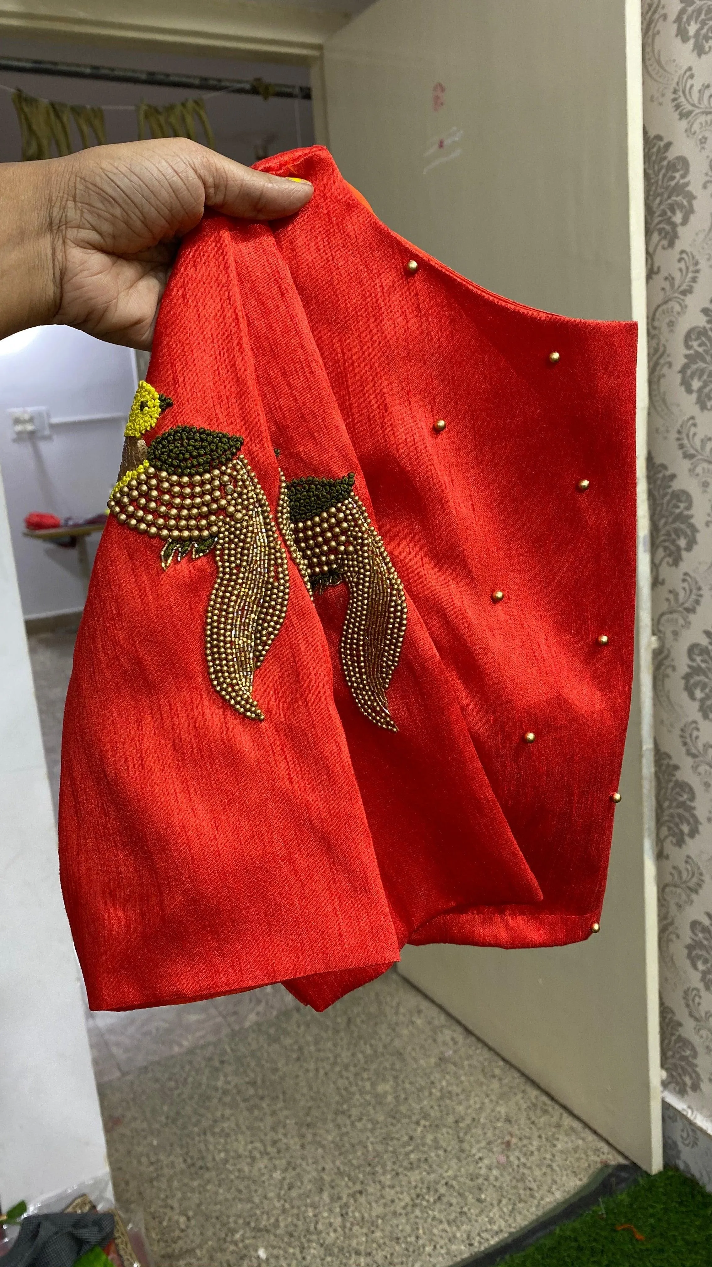Red silk hand worked ready made blouse