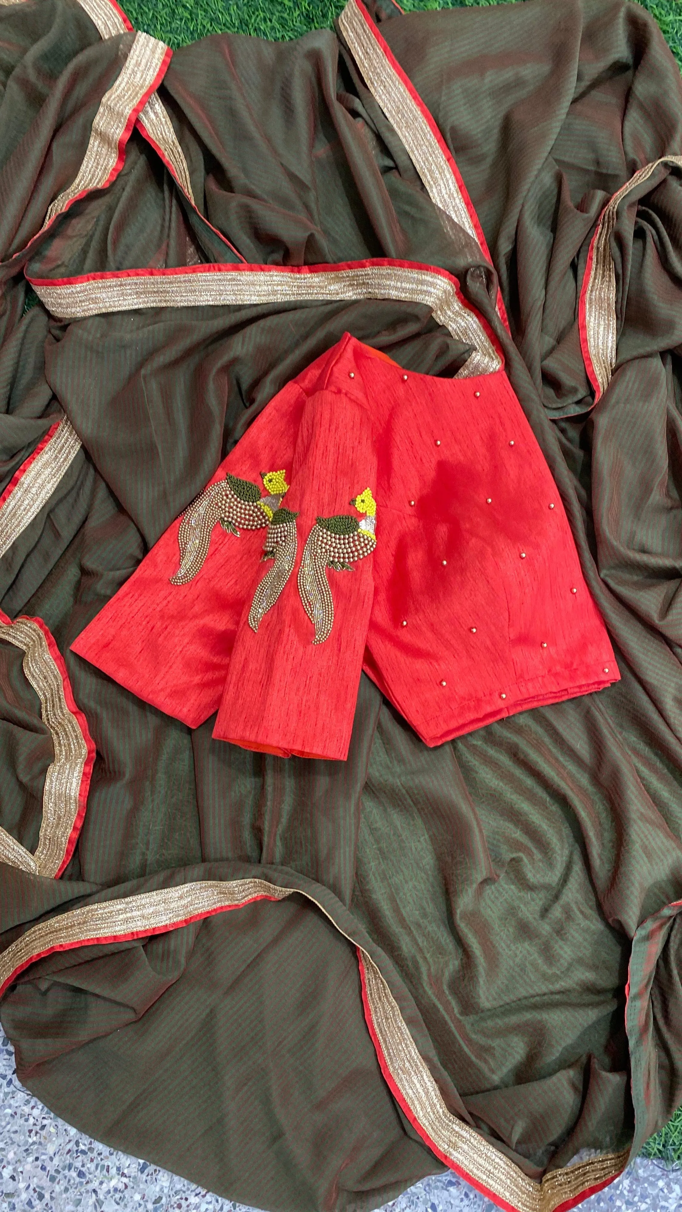 Red silk hand worked ready made blouse