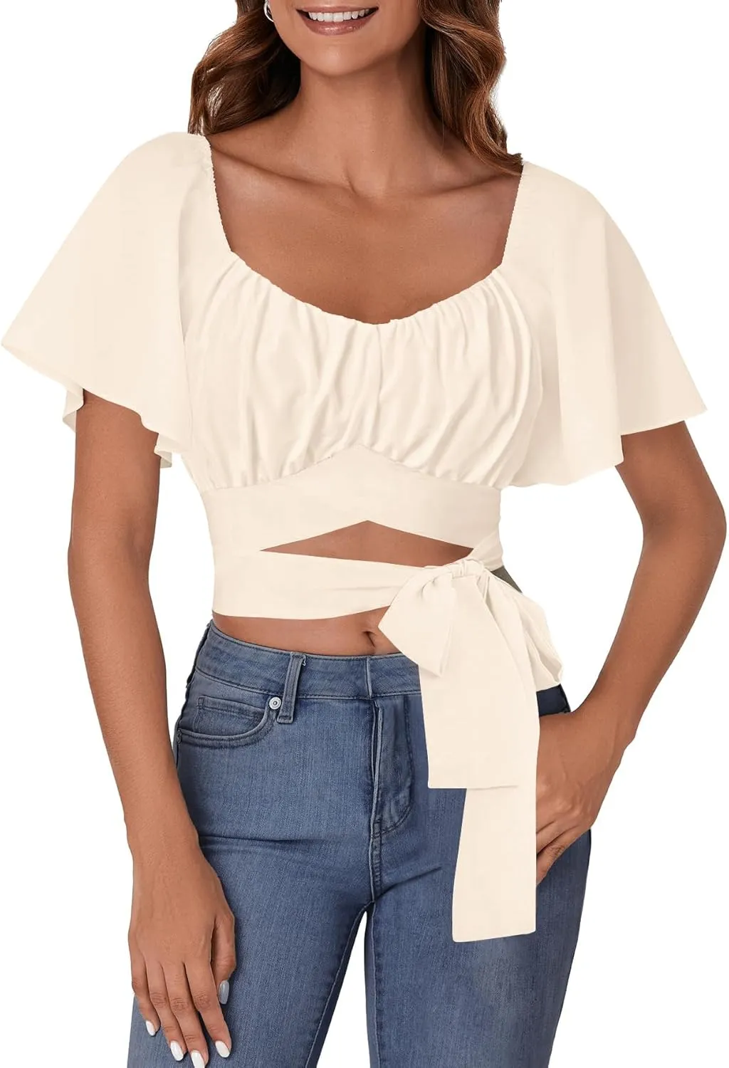 Rooscier Women's Ruched Wrap Ruffle Flare Short Sleeve Square Neck Self Tie Crop Top Blouse