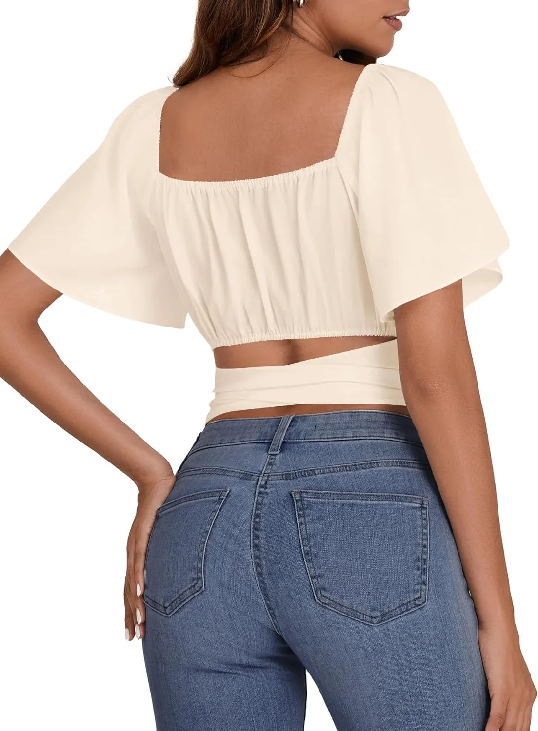 Rooscier Women's Ruched Wrap Ruffle Flare Short Sleeve Square Neck Self Tie Crop Top Blouse