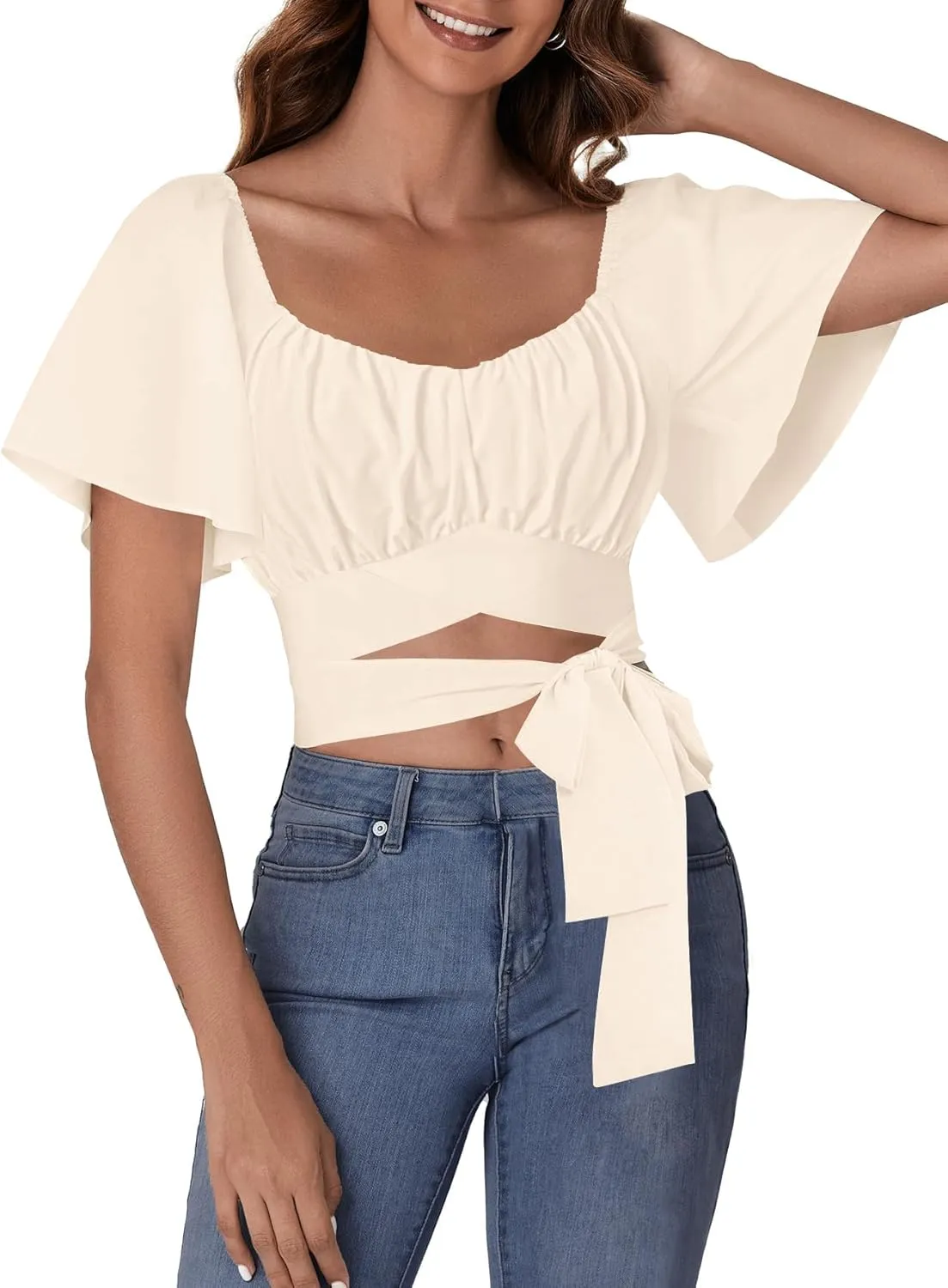 Rooscier Women's Ruched Wrap Ruffle Flare Short Sleeve Square Neck Self Tie Crop Top Blouse