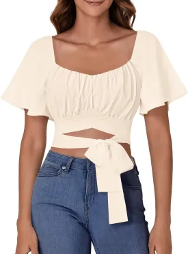 Rooscier Women's Ruched Wrap Ruffle Flare Short Sleeve Square Neck Self Tie Crop Top Blouse