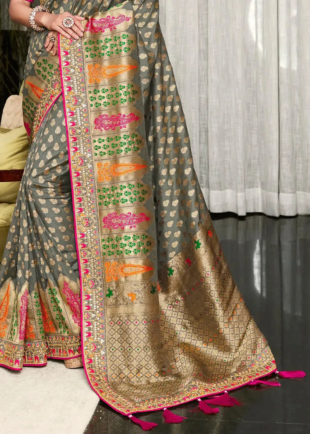 Seal Grey Zari Weaving Satin Silk Saree with Embroidery Border