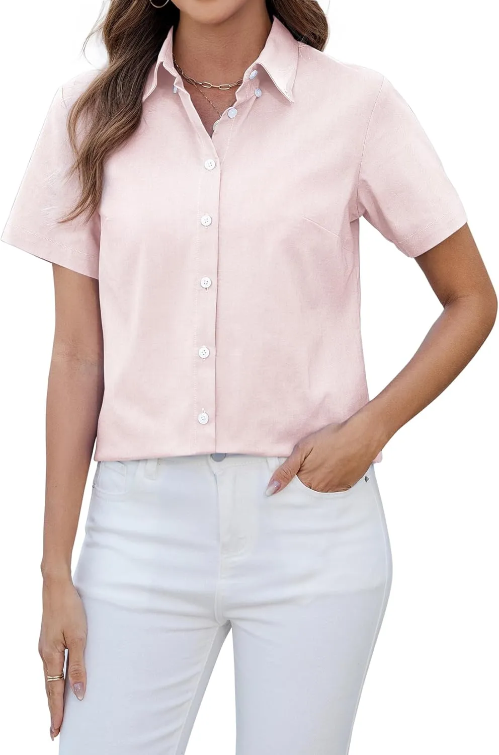 siliteelon Button Down Shirts Women Oxford Shirts Short Sleeve Cotton Wrinkle Free Dress Shirts Work Office Blouse