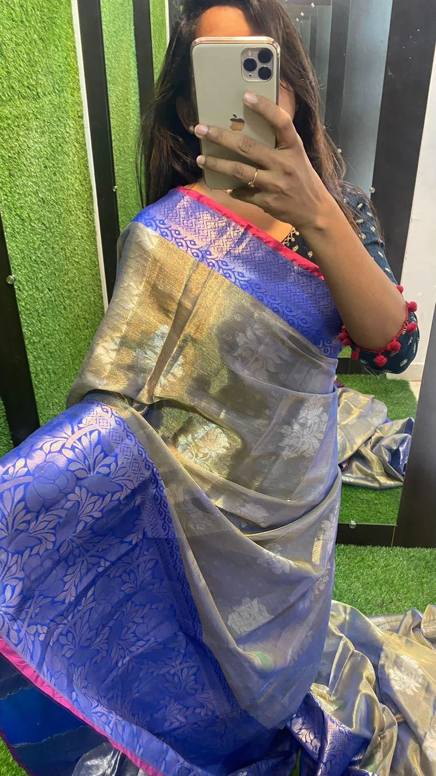 silver grey and blue silk saree with blouse