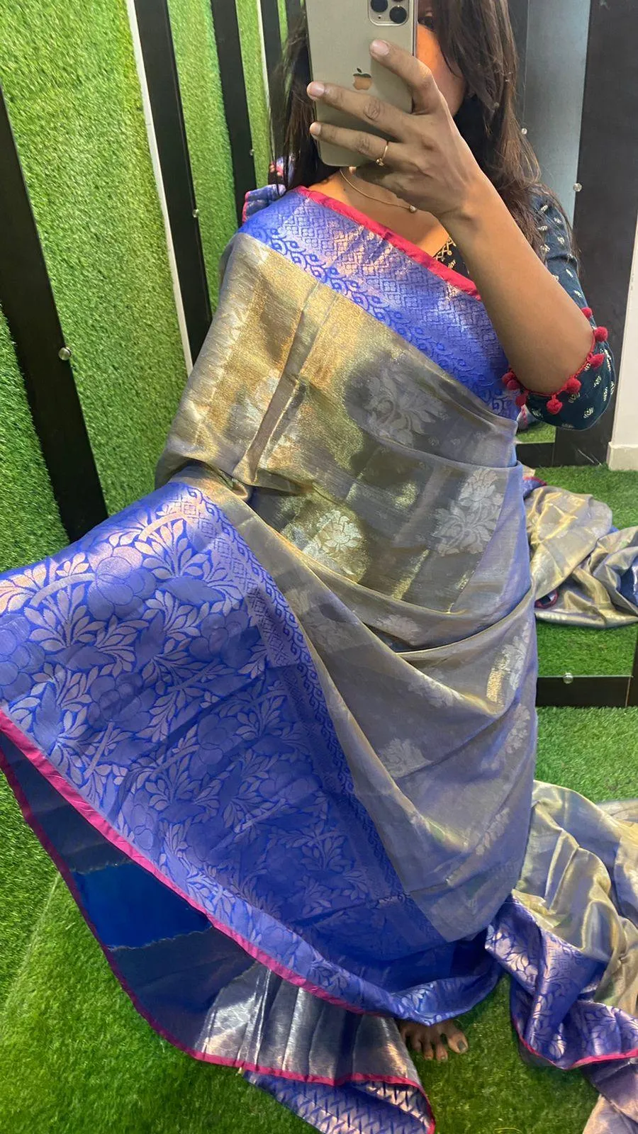 silver grey and blue silk saree with blouse