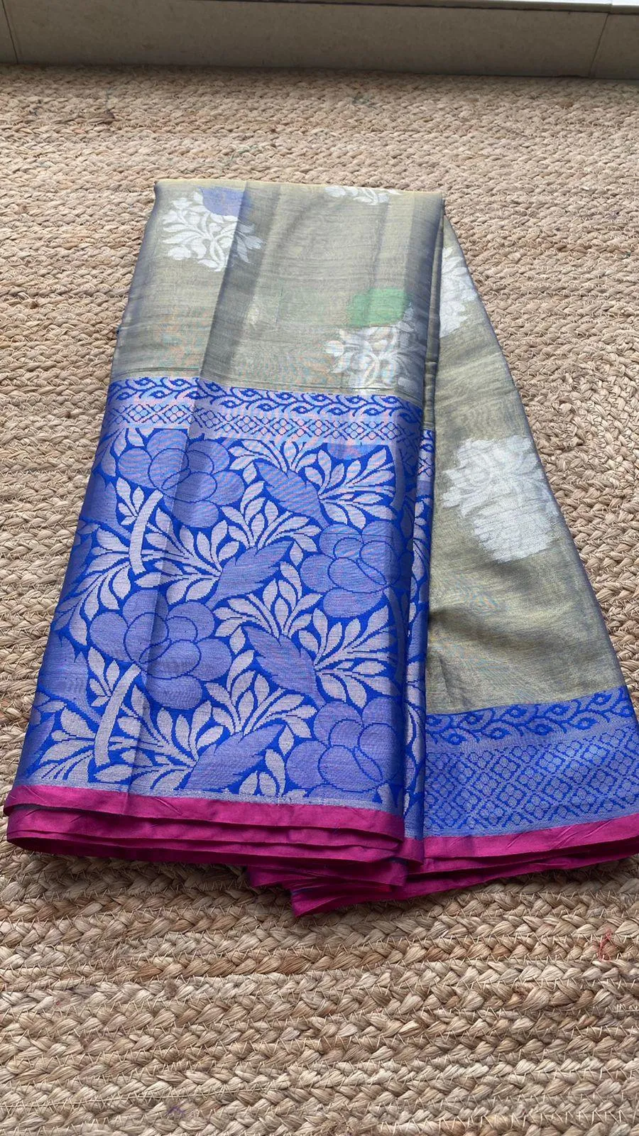 silver grey and blue silk saree with blouse