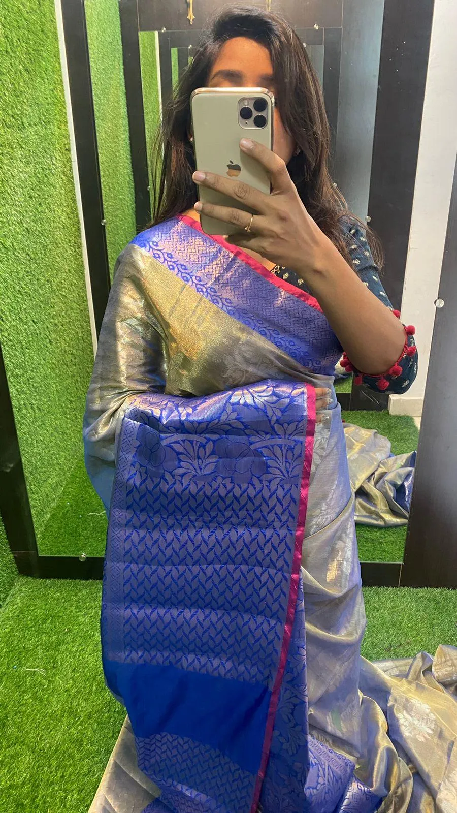 silver grey and blue silk saree with blouse