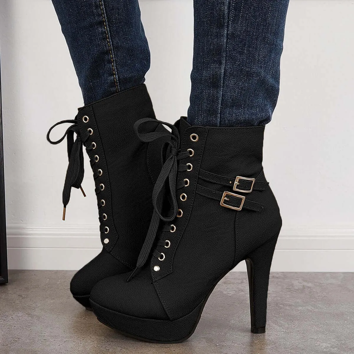 Sohiwoo Women Chunky Platform High Heel Ankle Boots Lace Up Booties