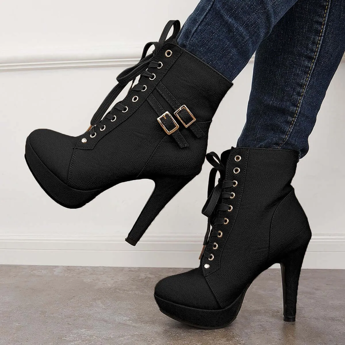 Sohiwoo Women Chunky Platform High Heel Ankle Boots Lace Up Booties