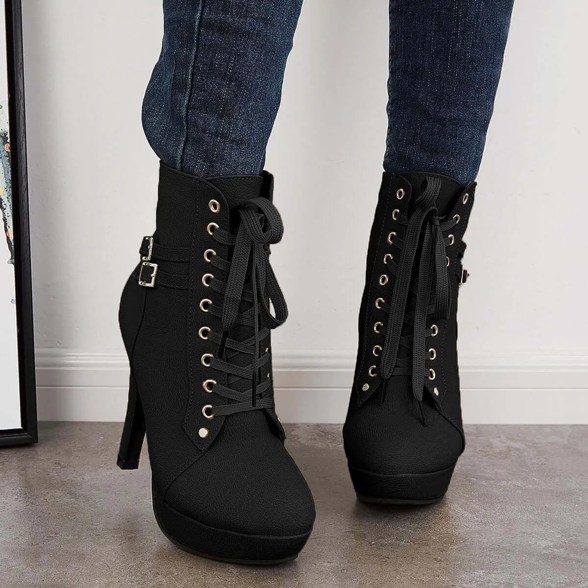 Sohiwoo Women Chunky Platform High Heel Ankle Boots Lace Up Booties
