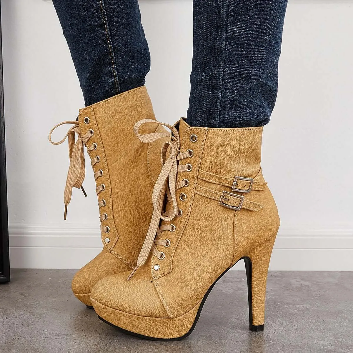 Sohiwoo Women Chunky Platform High Heel Ankle Boots Lace Up Booties