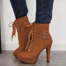 Sohiwoo Women Chunky Platform High Heel Ankle Boots Lace Up Booties