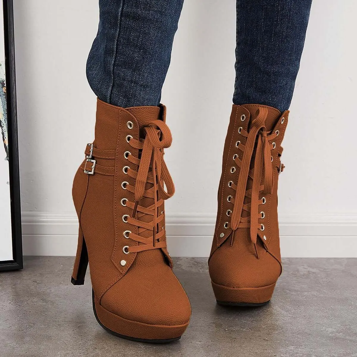 Sohiwoo Women Chunky Platform High Heel Ankle Boots Lace Up Booties