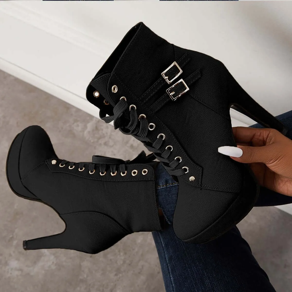 Sohiwoo Women Chunky Platform High Heel Ankle Boots Lace Up Booties