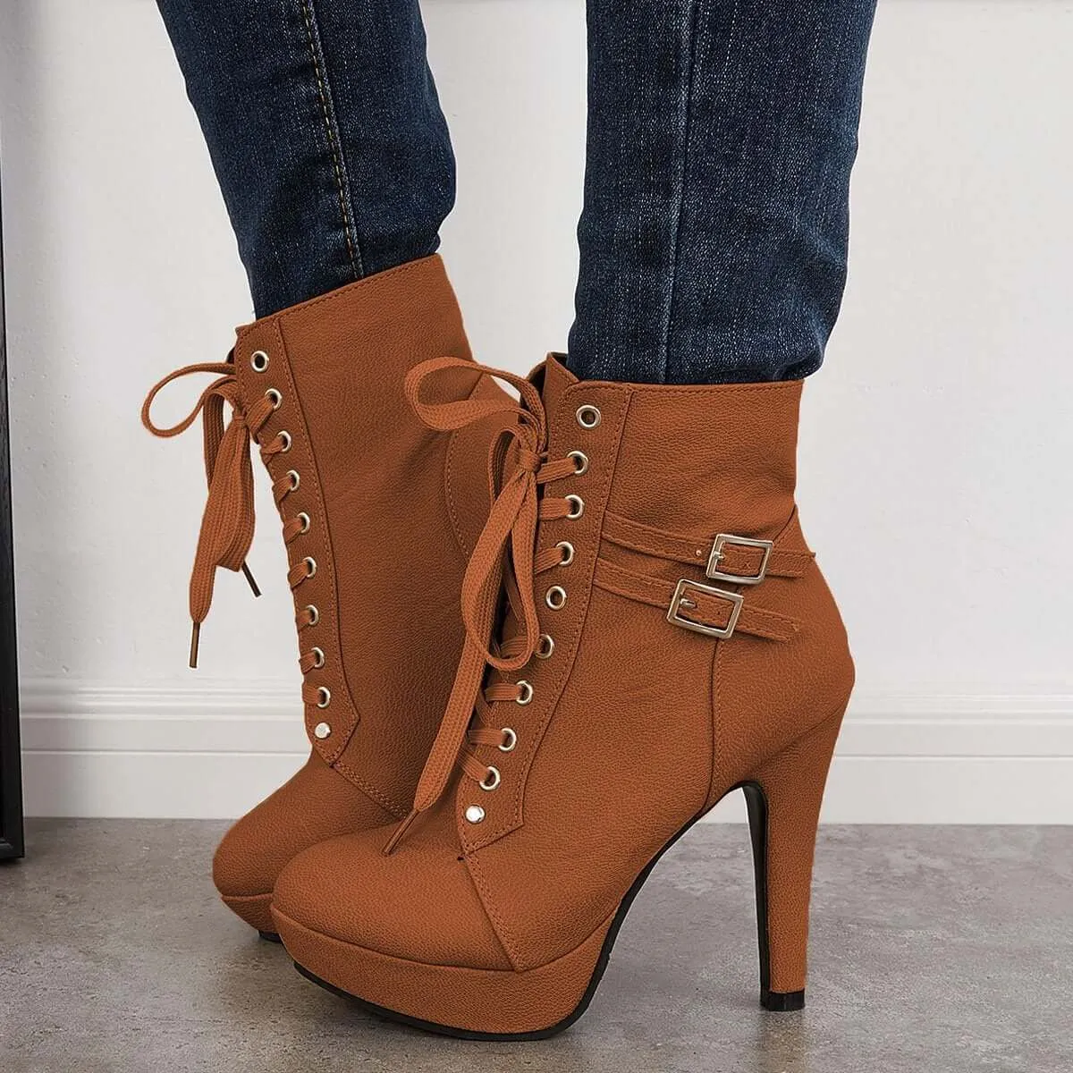 Sohiwoo Women Chunky Platform High Heel Ankle Boots Lace Up Booties
