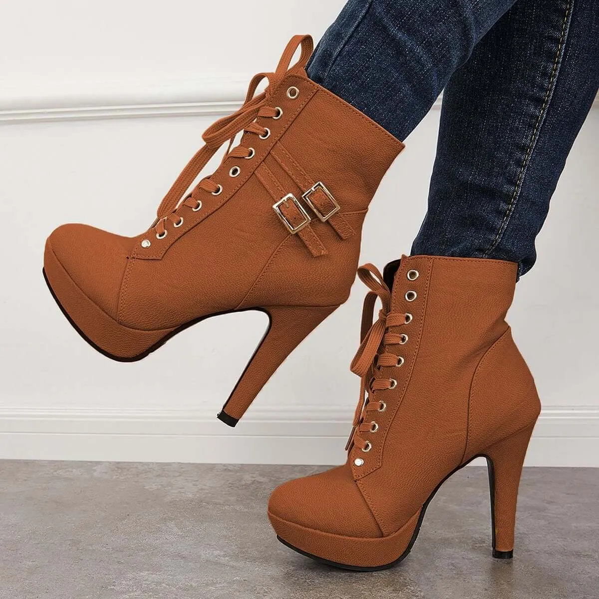 Sohiwoo Women Chunky Platform High Heel Ankle Boots Lace Up Booties