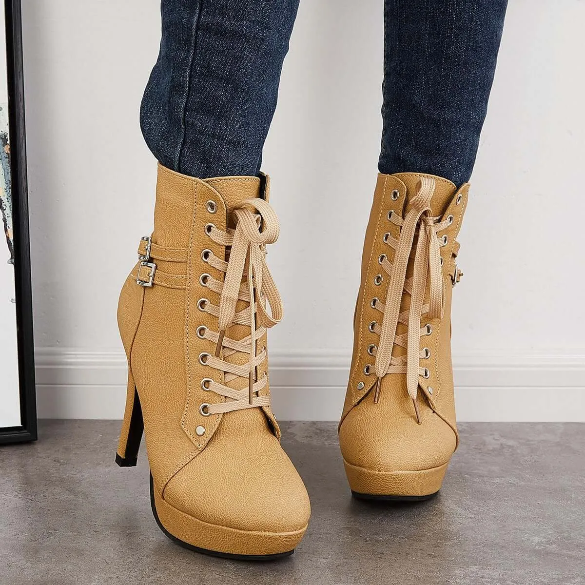 Sohiwoo Women Chunky Platform High Heel Ankle Boots Lace Up Booties