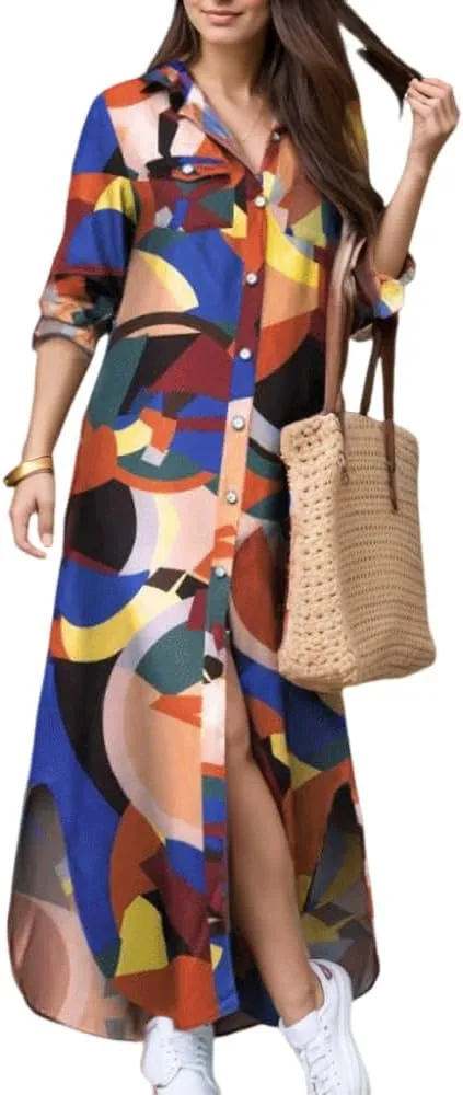 TIAFORD Womens Casual Graphic Long Sleeve Button Down Maxi Dress Side Slit Loose Fit Long Shirt Dresses with 2 Pockets