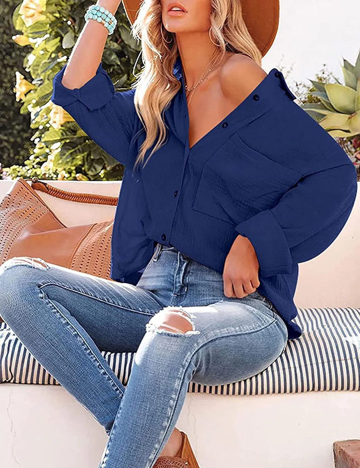 Wanzetaly Women's Button Down Shirts Cotton Oversized Dress Shirts Work Blouses Casual Tops with Pocket