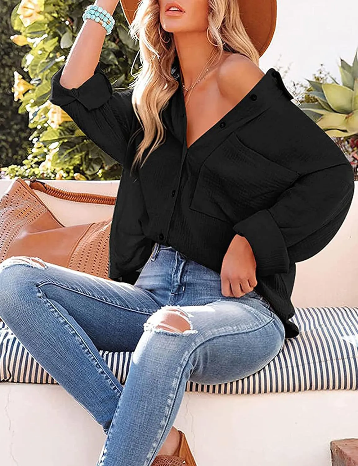 Wanzetaly Women's Button Down Shirts Cotton Oversized Dress Shirts Work Blouses Casual Tops with Pocket