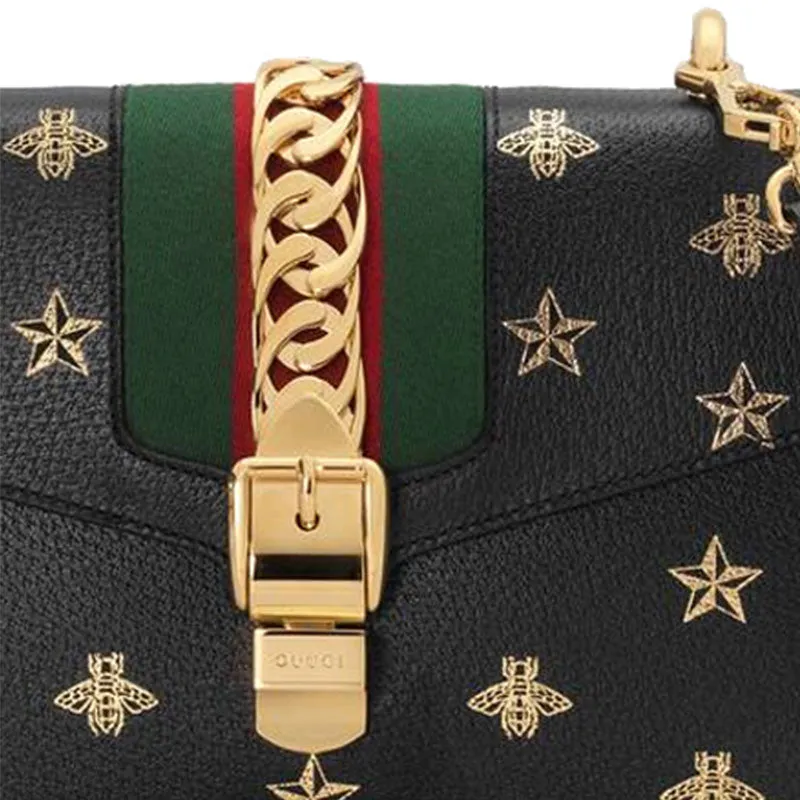 (WMNS) GUCCI Sylvie Gold buckle Bee Pattern Stripe Webbing Bow handbag Small Black Classic 524405-DJ2RG-8571