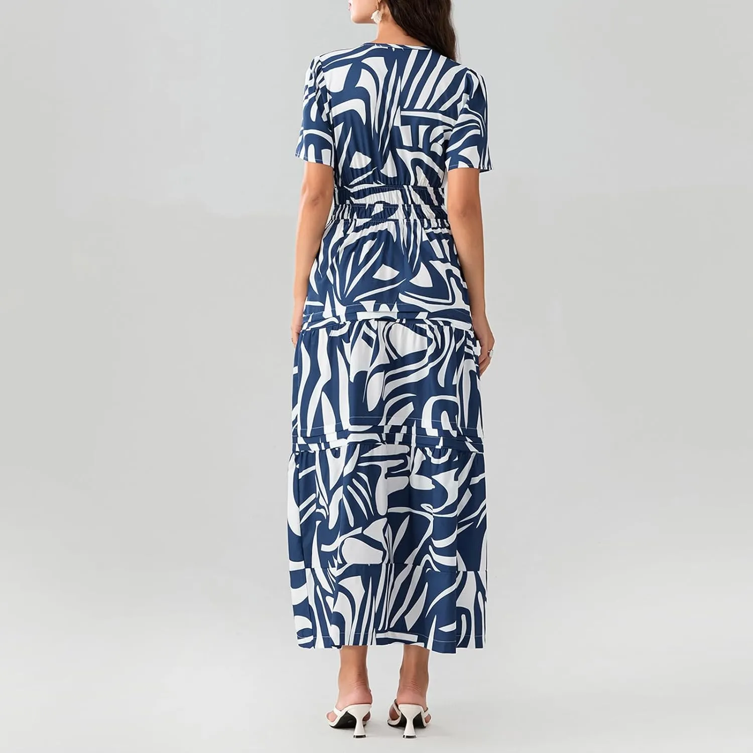 Women Boho Maxi Dress Short Sleeve V Neck Floral Print Loose Flowy Long Dress Aline Tiered Ruffle Beach Dress