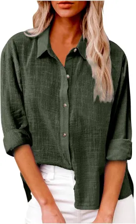 Women Oversized Button Down Gauze Dress Shirts Drop Shoulder Office Blouse Long Sleeve Boyfriend Shirts with Pocket