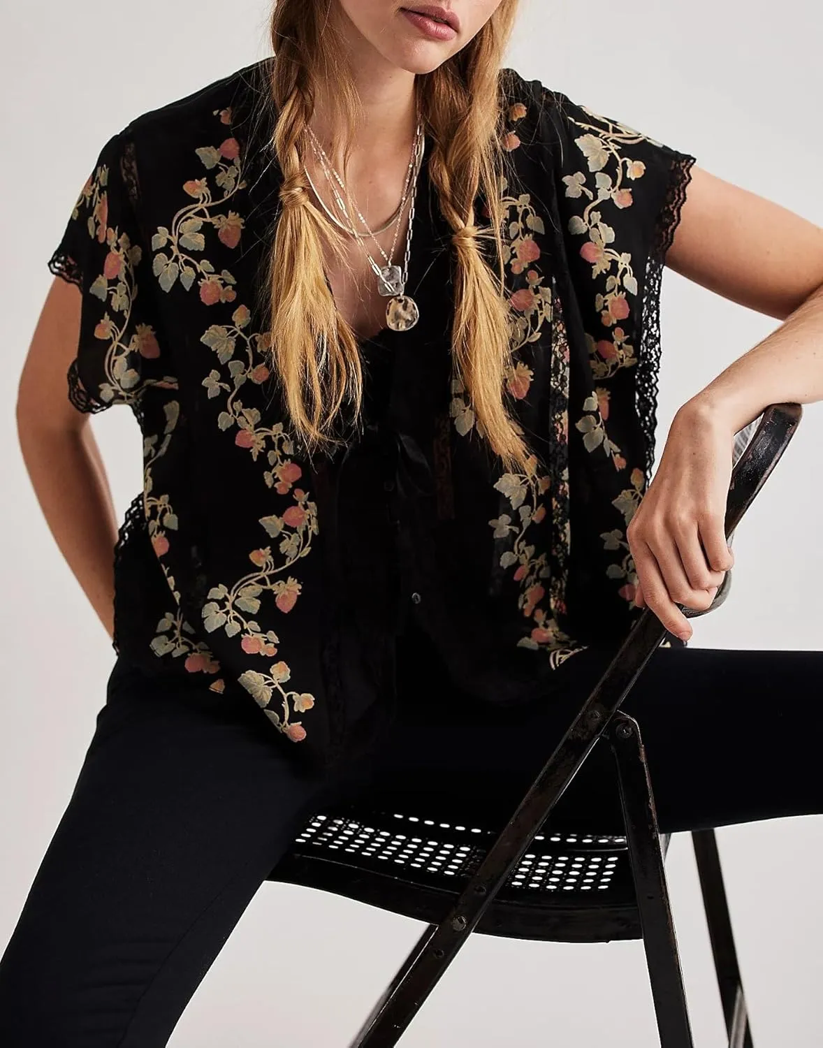Women Ruffle Lace Trim Top Y2k Short Sleeve Flowy Button Blouse Boho Eyelet Babydoll Tops Coquette