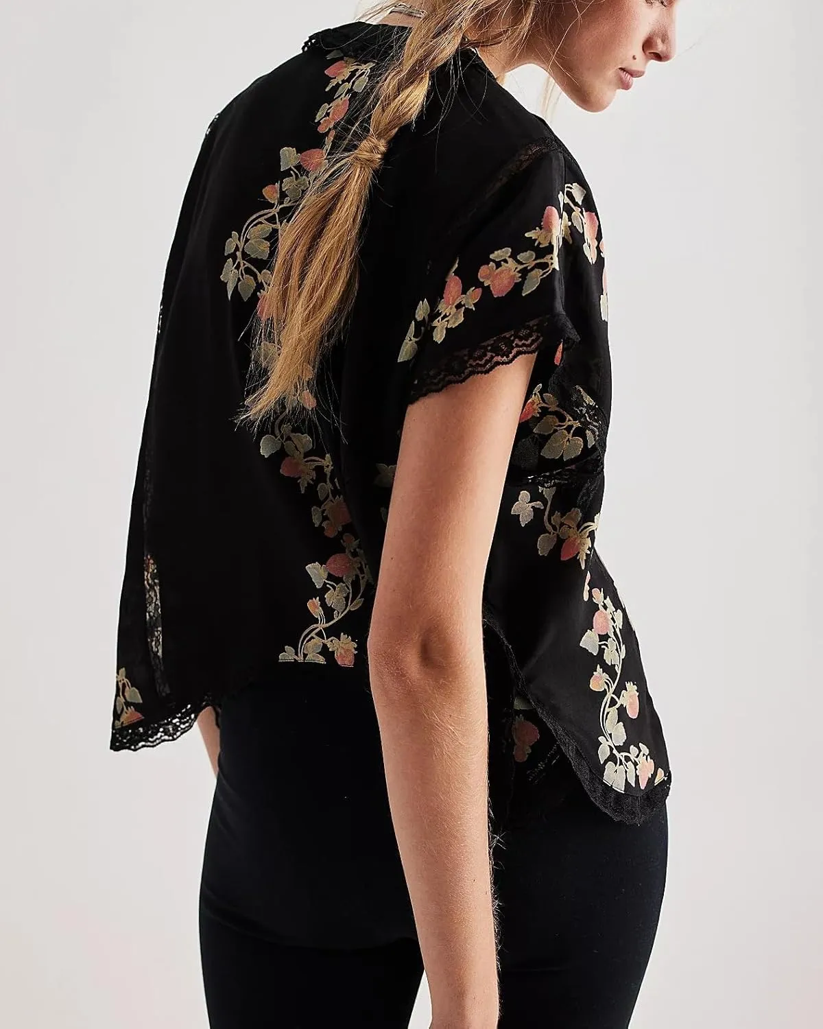 Women Ruffle Lace Trim Top Y2k Short Sleeve Flowy Button Blouse Boho Eyelet Babydoll Tops Coquette