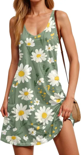 Women Summer Dresses Sleeveless Vacation Swimsuit Coverup Beach V Neck Dress with Pocket 2025 Printed Sundress