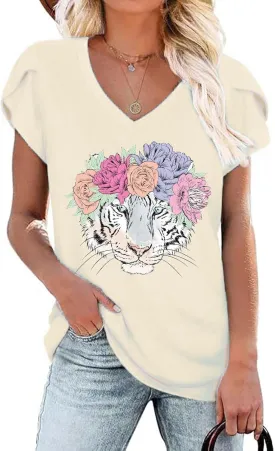 Womens Flamingo Print Tops Summer Sexy V Neck Petal Sleeve Casual Tee Tshirts S-3XL