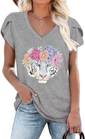 Womens Flamingo Print Tops Summer Sexy V Neck Petal Sleeve Casual Tee Tshirts S-3XL