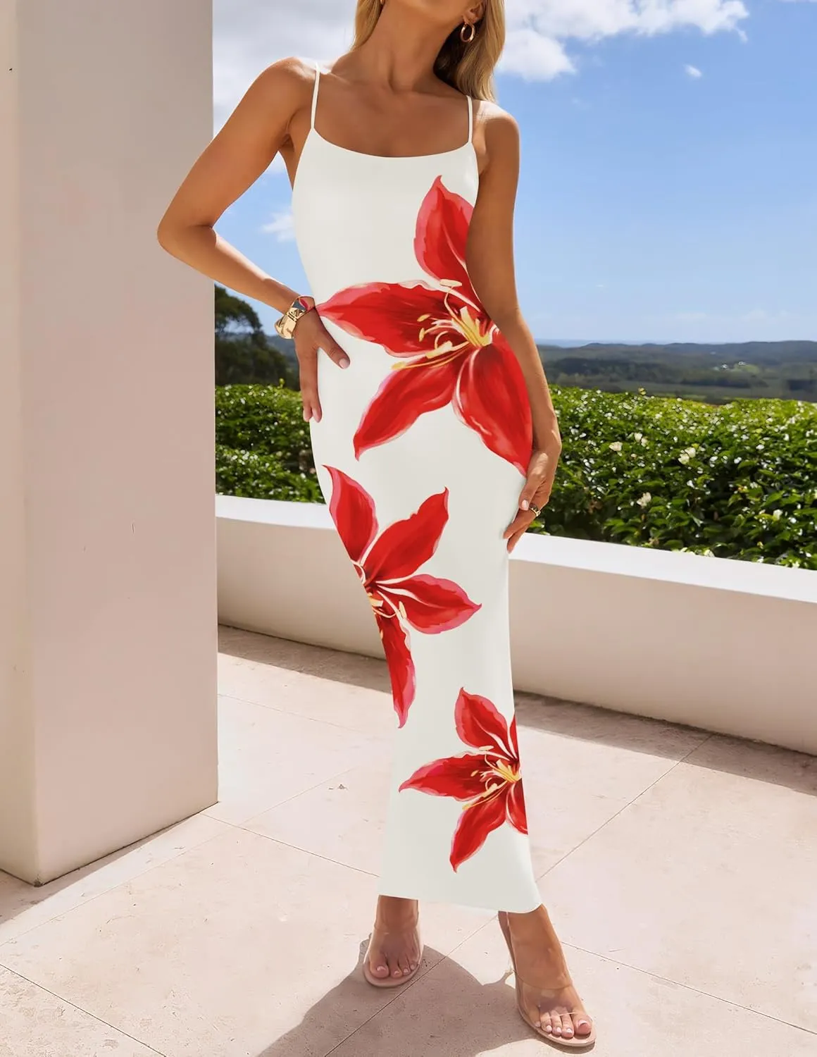 ZESICA Womens Summer Bodycon Maxi Dresses 2025 Floral Spaghetti Strap Square Neck Sleeveless Boho Beach Long Dresses